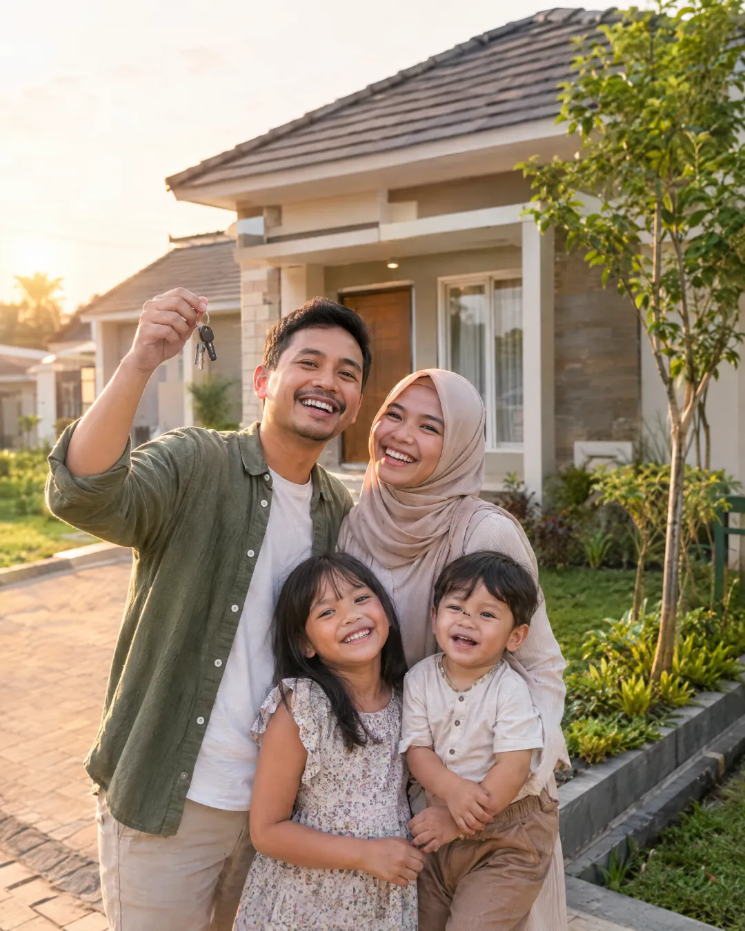 Keluarga muda tersenyum di depan rumah barunya, sang ayah mengangkat kunci rumah